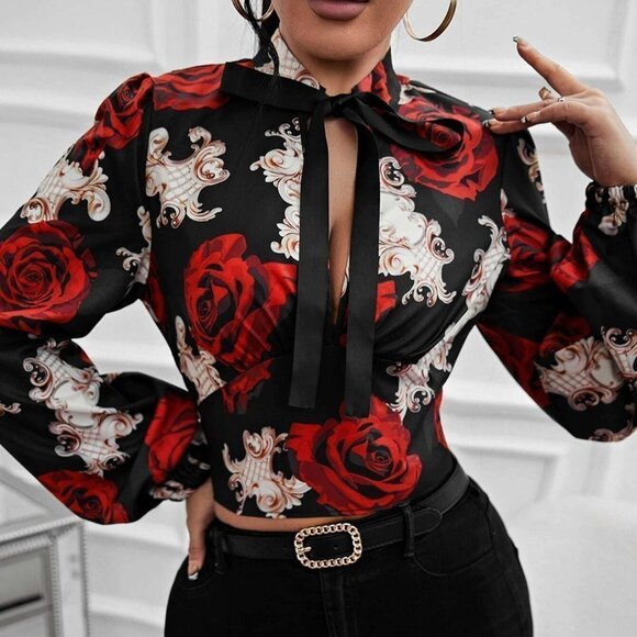 Floral Print Lantern Sleeve Tie Neck Blouse Black & Red - Picture 4 of 5